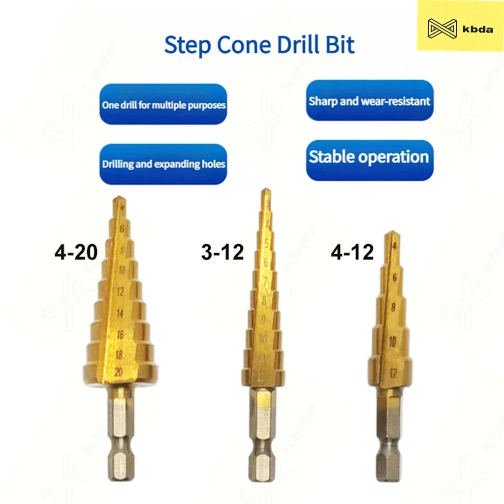 

KBDA 3pcs/Set Step Drill Bit Metric Titanium Plated Hexagonal Shank 3-12/4-12/4-20 Small Three Piece Step Cone Drill Tool