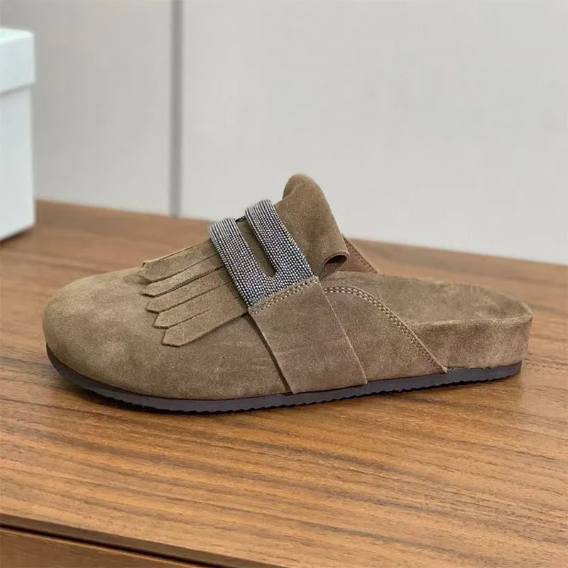 

New Casual Slippers Woman Cow Suede String Bead Slides Woman Round Toe Flat Shoes Fringe Outdoors Slippers Mules Shoes Women