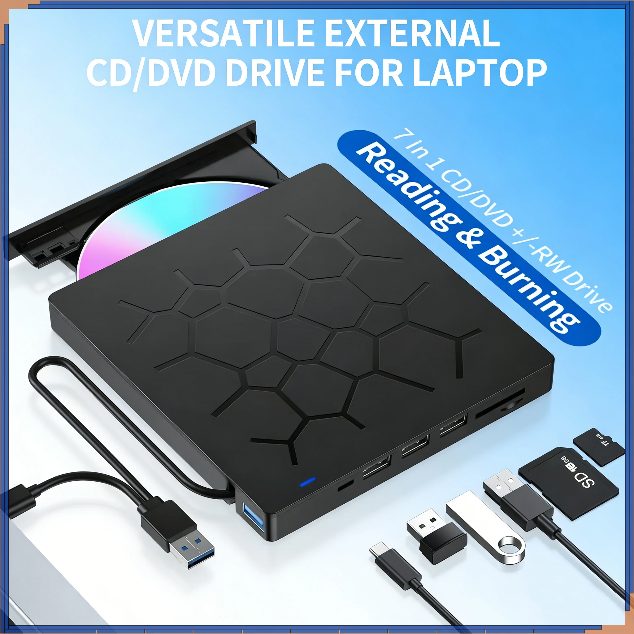 

Ультратонкий внешний CD/DVD-привод USB 3.0 с 4 портами USB и слотами для карт TF/SD, оптический дисковод для ноутбуков, Mac и ПК
