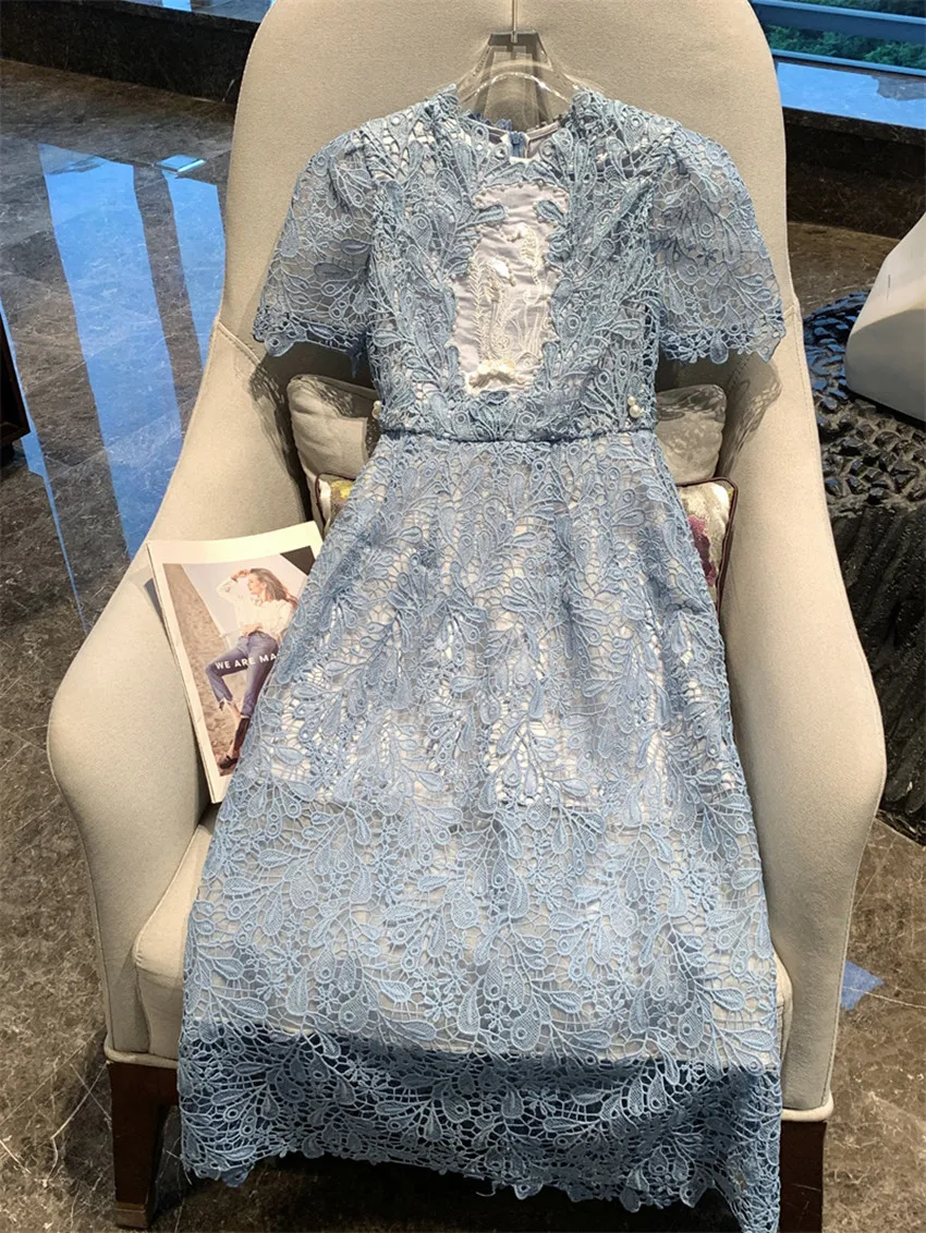 Runway Fashion Summer Blue Lace Hollow Out Party Dress Luxury New Women O Neck Flower Embroider Pearls Beaded Slim Midi Vestidos