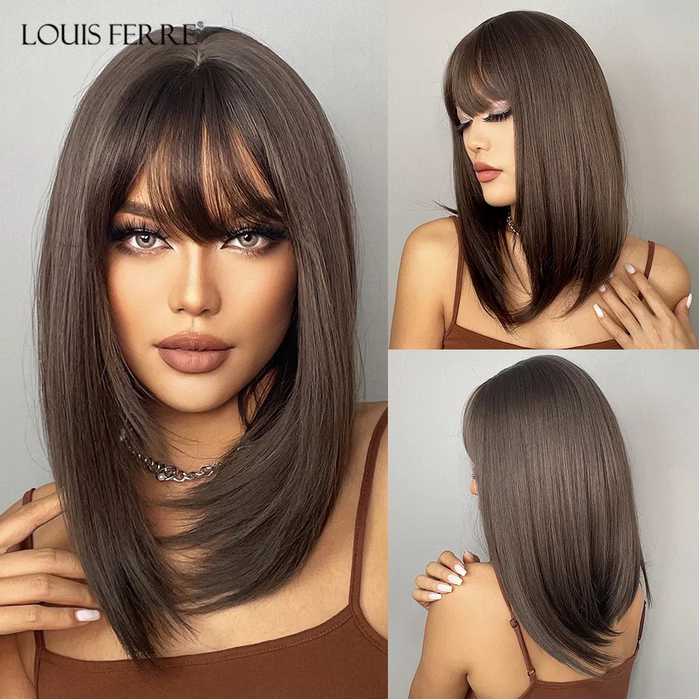 LOUIS FERRE Medium Long Straight Brown Wigs Shoulder Length Layered Synthetic Wig With Bangs for White Women Daily/Lolita Wigs