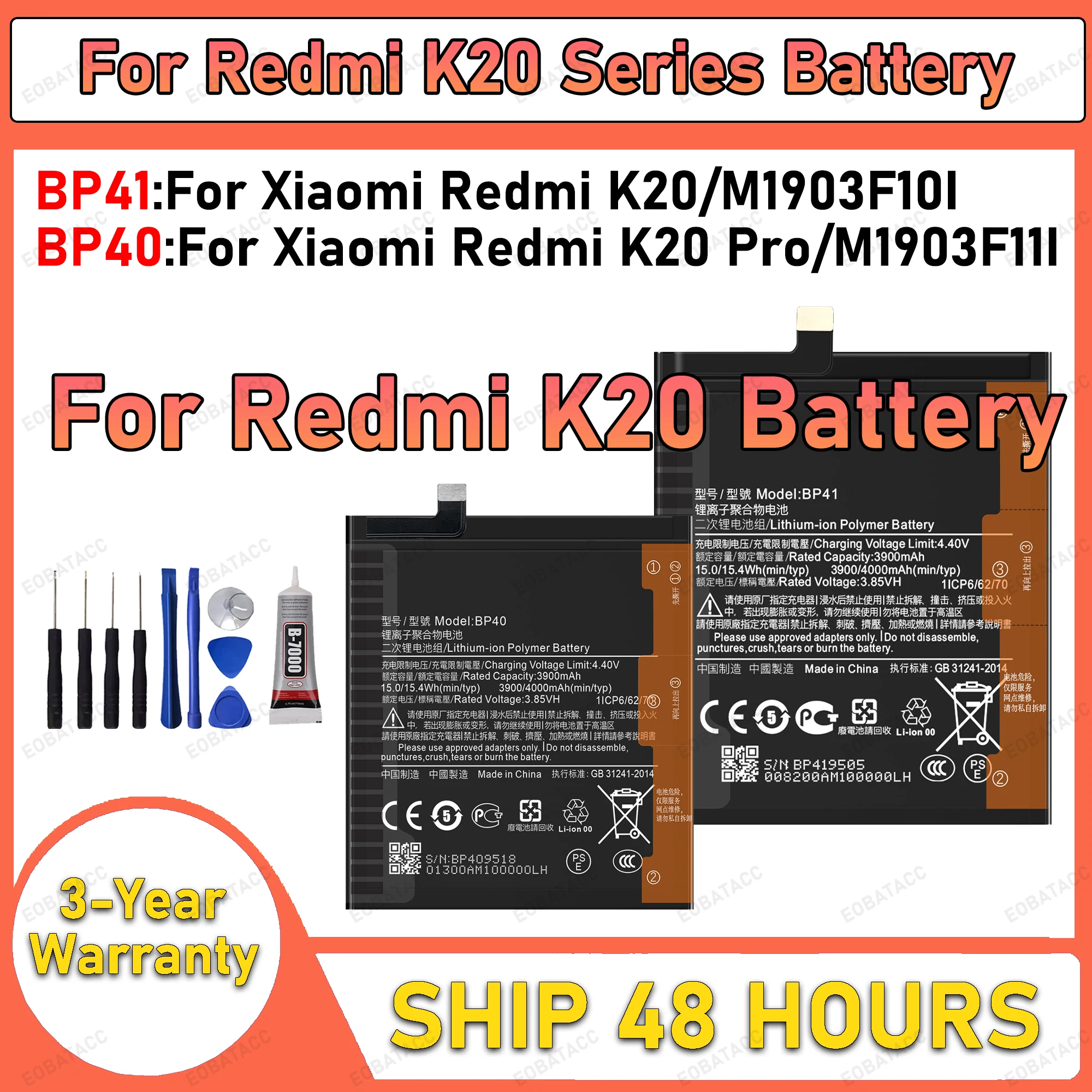 

100% New High Capacity BP40 BP41 Battery For Xiaomi Redmi K20/ REDMI K20 PRO /M1903F10I/M1903F11I batteries +Free Tools