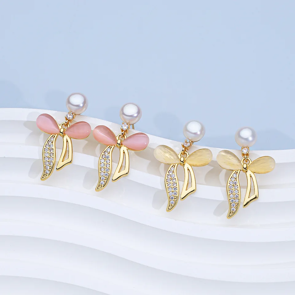 

S925 Silver Needle Cat's Eye Stone Natural Freshwater Pearl Ear Studs for Women Bowknot Micro-Inlaid Zircon Fashion Earrings