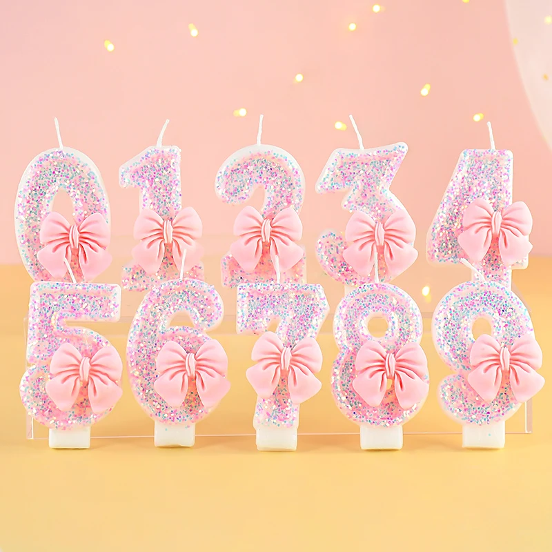 

3D Pink Bow Digital Candle Girls Birthday Party Favor 0-9 Number Cake Decorating Glitter Candle Wedding Anniversaries Supplies