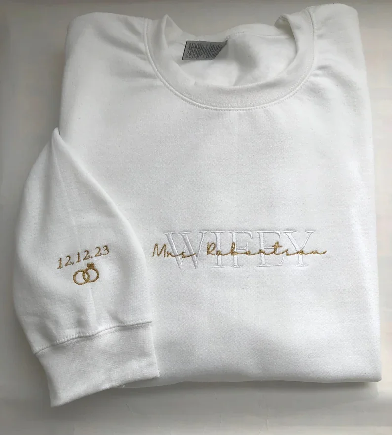 Custom Embroidered Mrs Name Wifey Sweatshirt, Personalised Wifey Sweatshirt, Embroidered Bridal Sweatshirt, Custom couple gift