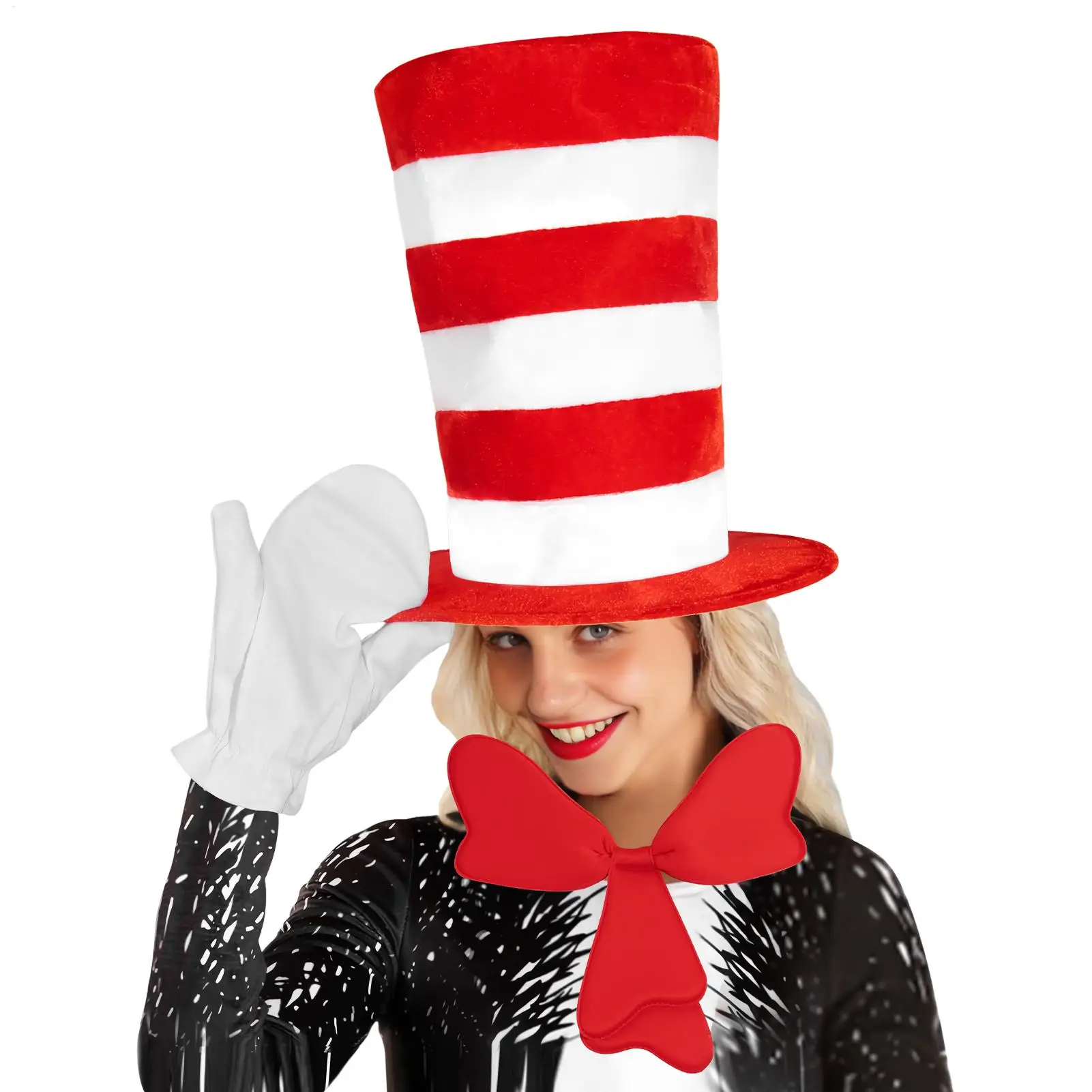 Cat Costume Accessories Set Include Red White Striped High Top Hat Furry Red Bow Tie Gloves Party Supply