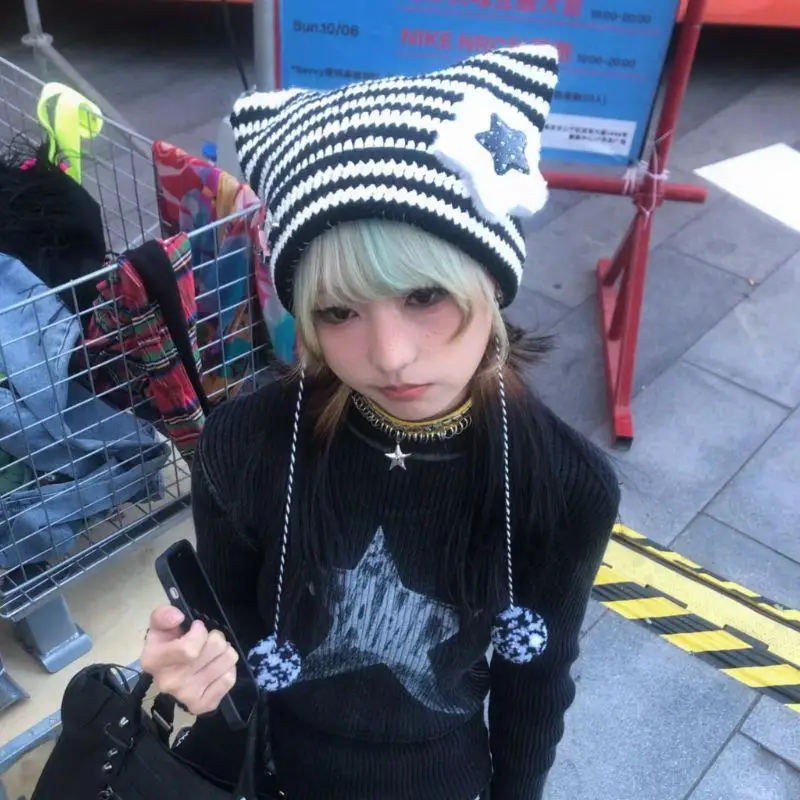 

Y2K Beanie Hat Ins Devil Ear Striped Knitted Wool Cap Autumn Winter Hip-hop Crochet Cute Cat Ears Pointed Pullover Women's Hats