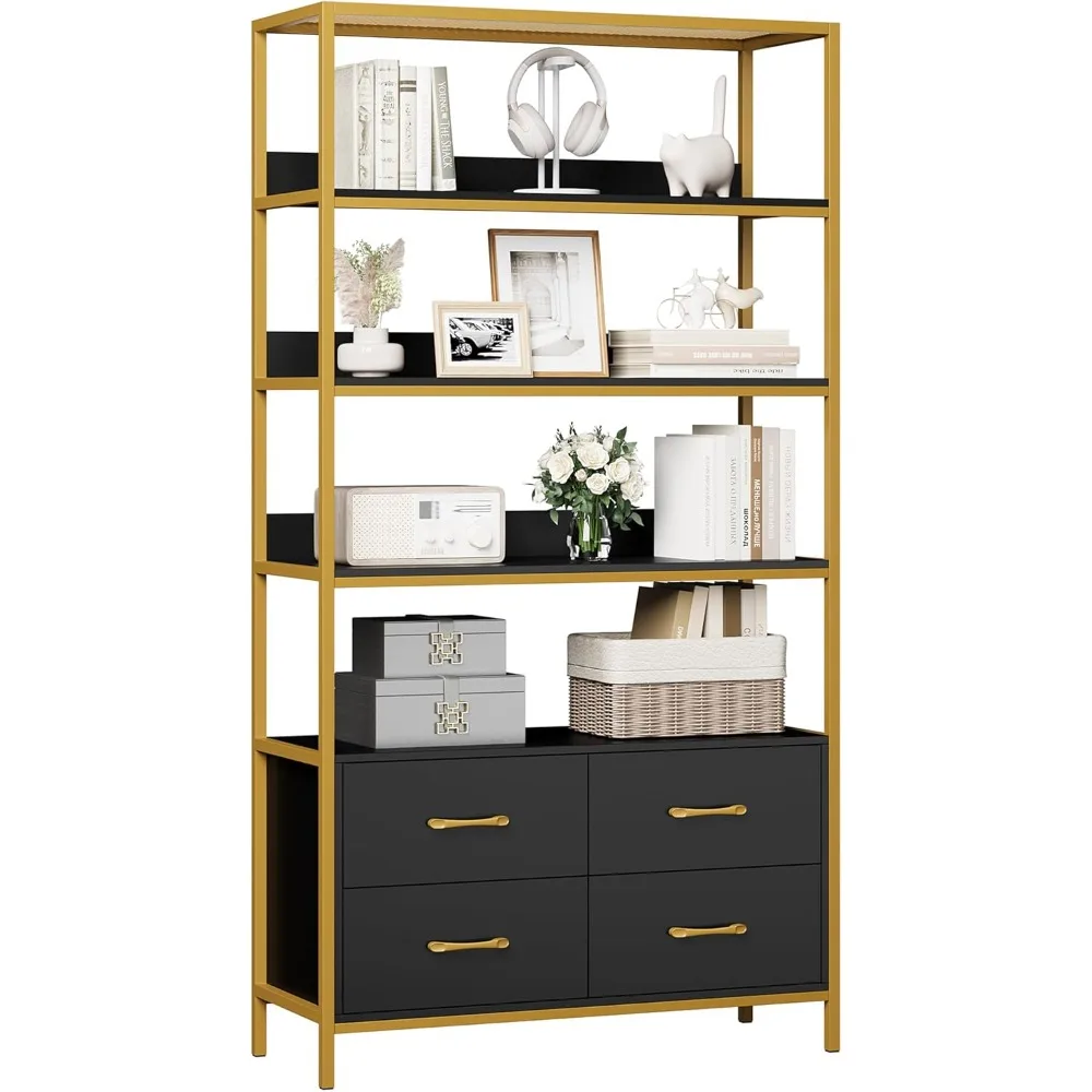 

2024 New 5 Tier Bookshelf with Drawers, 71" Tall 35.4" Wide Free Standing Modern Wood Display Cabinet for Living Room