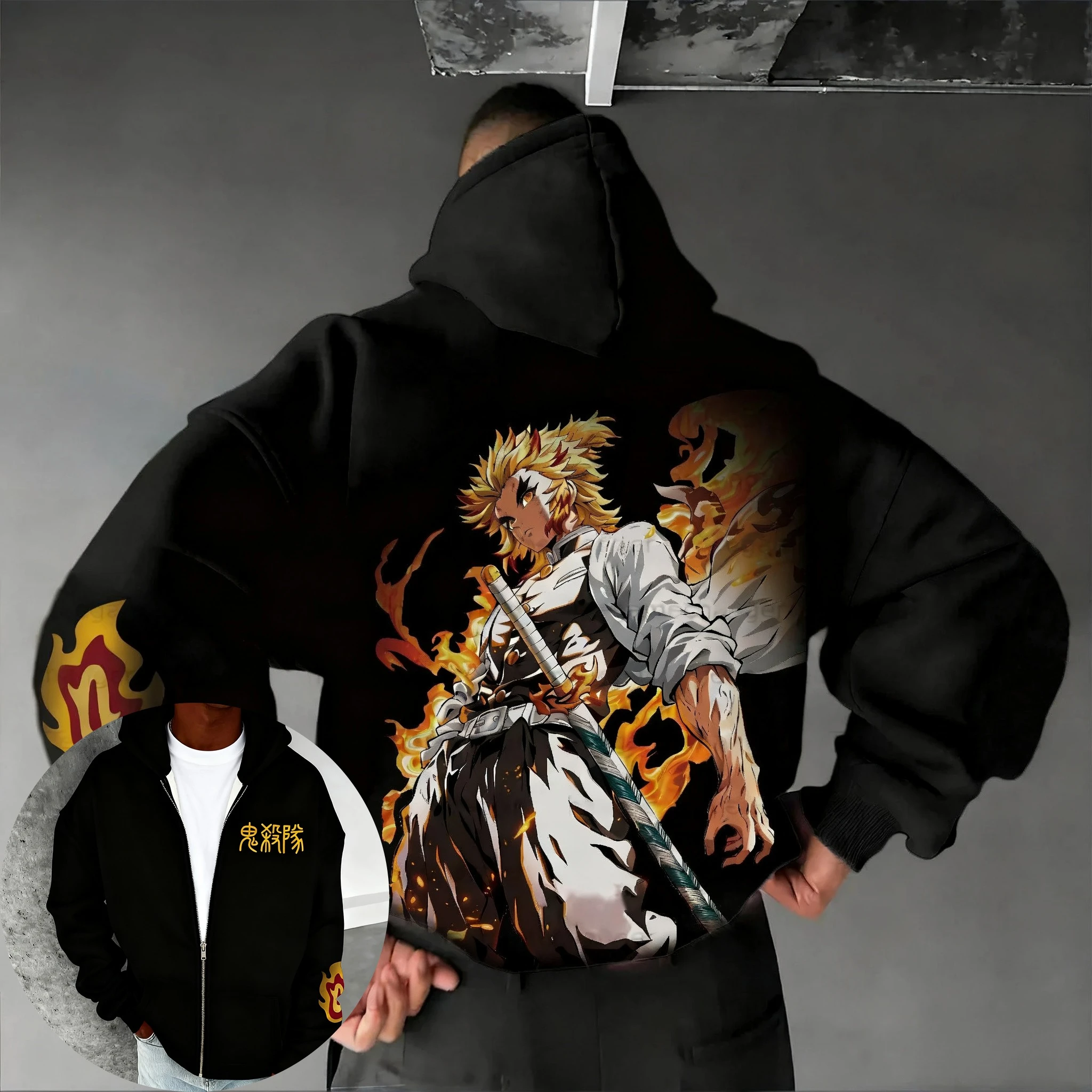 

Demon Slayer Anime Rengoku Kyoujurou Printed Hoodie Men's Spring/Summer New Street Hip Hop Trendy Loose Cotton Parent Child Top