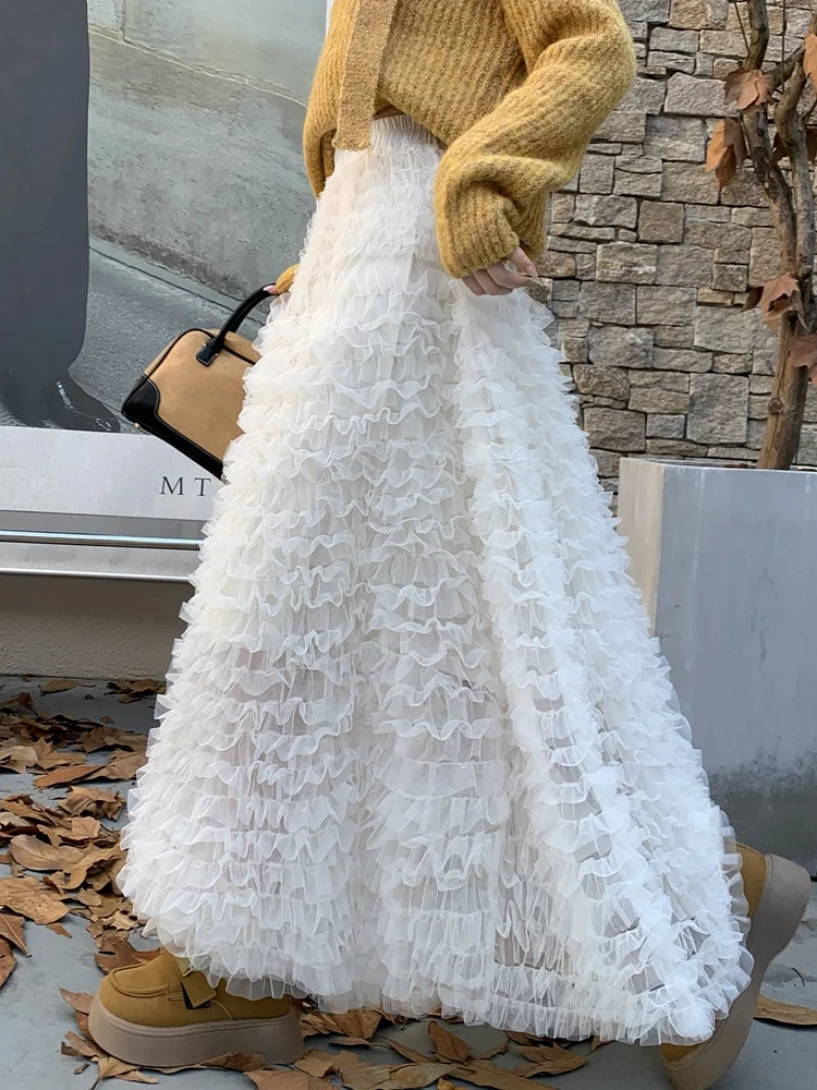 SMTHMA Elegant Mesh Cake Gauze Skirt  Women's New 2025 Autumn Winter Elastic High Waist Fluffy Long Skirt