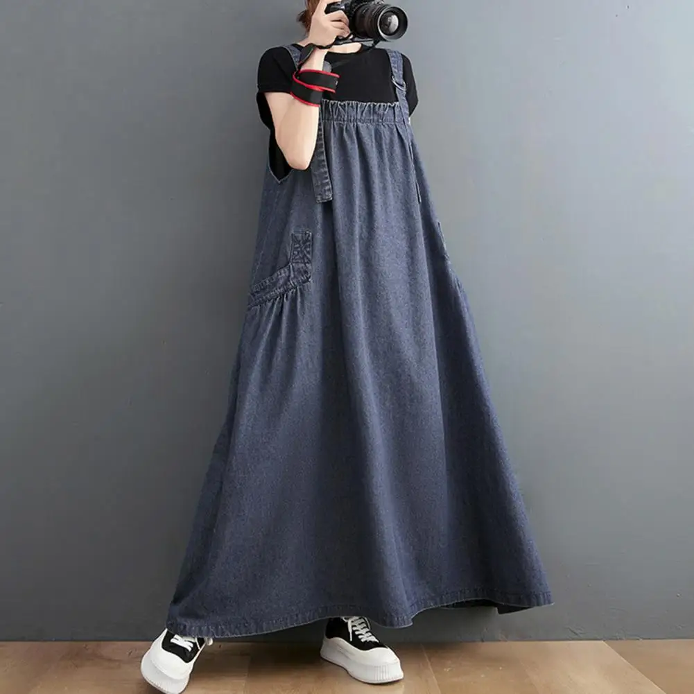 Women's Denim Overall Dress Loose Sleeveless Boho Jean Jumper Dress with Pockets Wide Hem Pinafore Dress with Adjustable Strap