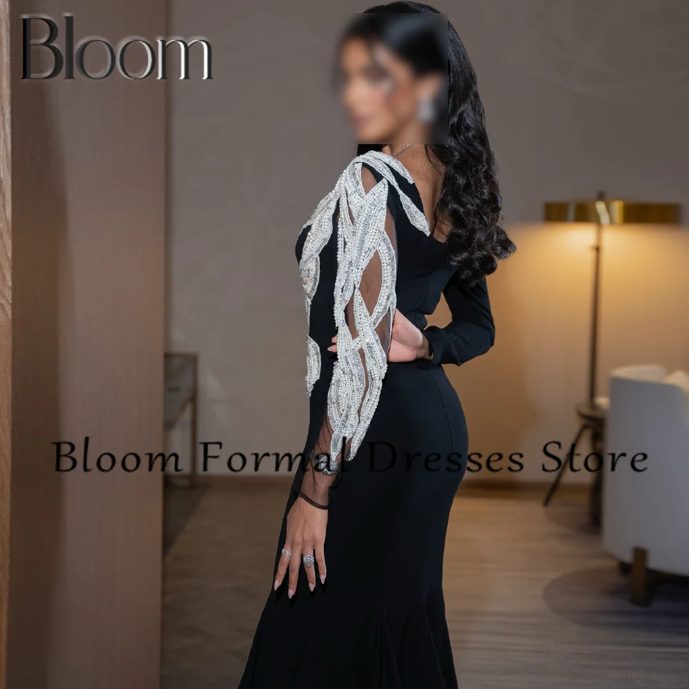 Bloom Long Sleeves Contrast Color  Mermaid Sweep Train Side Silt Sequined V Neck Zipper Back Classic Celebrity Evening Dress