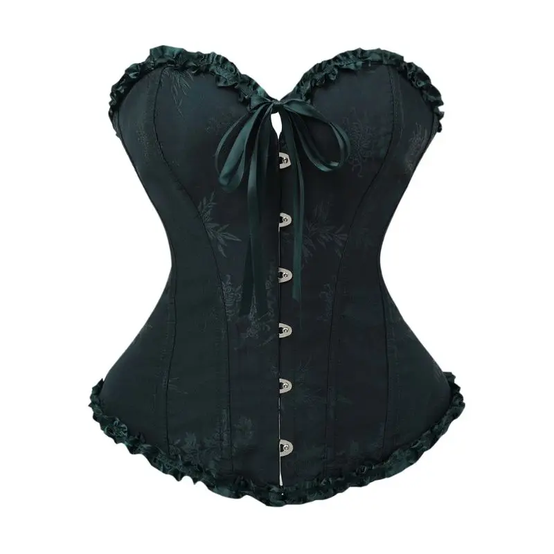 

Front buttoned dark green jacquard bodice for ladies with a fitted waist design