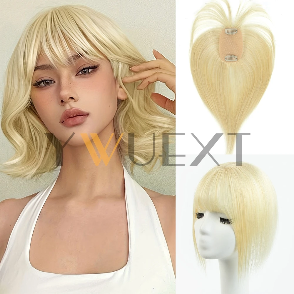 

YWUEXT 5x9cm Real Human Hair Topper 8"-14" Natural Straight Top Hairpiece Blonde Hair Topper Middle Part with Bangs for Women