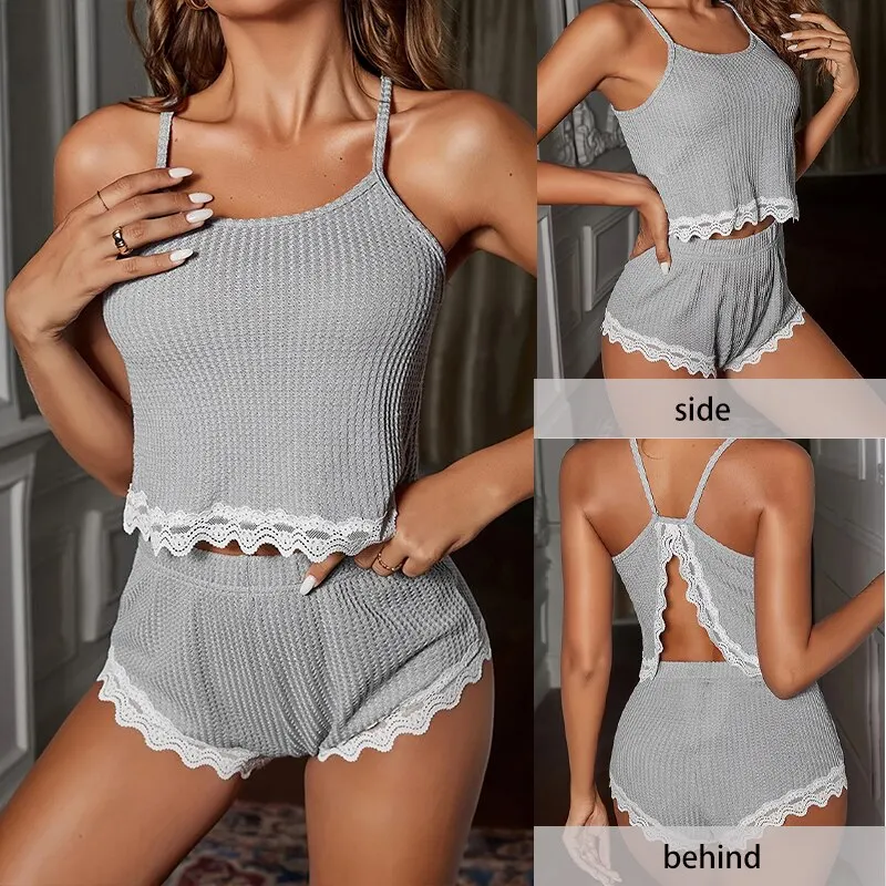 Soft Comfortable Women Sleeveless T-Shirts and Shorts Loose Home Wear Underwear Sexy Lace Pajamas Set