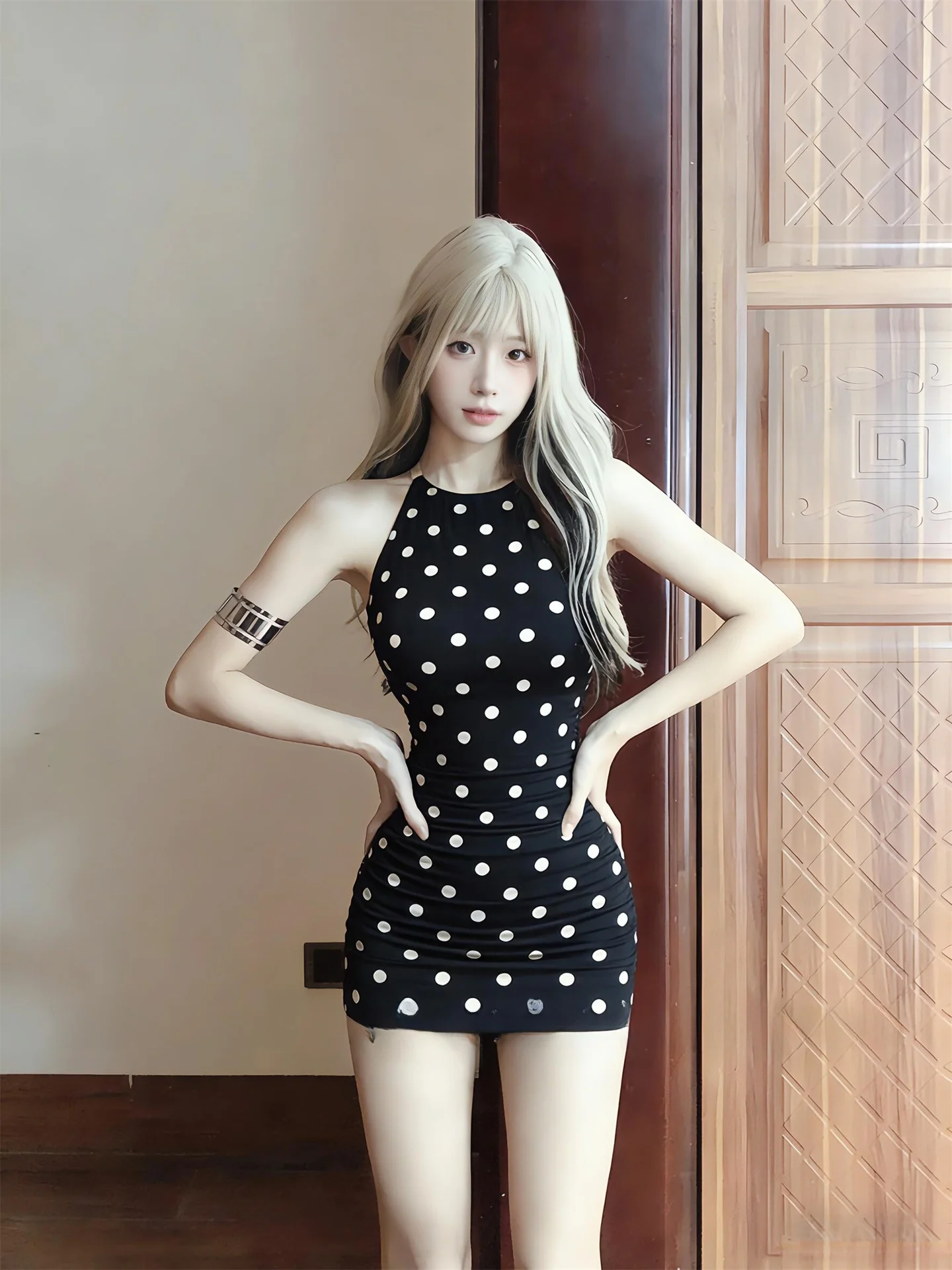 

Black Spotted Strapless Bodycon Dress Women's Summer Sexy Tight Waist Short Skirt Sleeveless round Neck Polyester Fiber