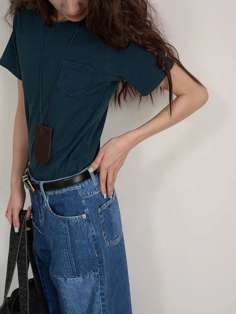 

Джинсовая синяя хлопковая круглая футболка в стиле ретро, женская винтажная футболка из чистого хлопка, свободный летний топ с джинсовой отделкой