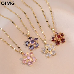 OIMG 316L Stainless Steel Gold Plated Romantic Mysterious Purple Flower Zirconia Pendant Necklace For Women Wedding Jewelry