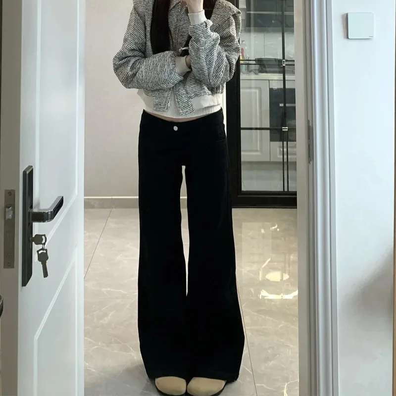 Women's Plus Size Non-Sticky Leg Jeans Winter Fleece Lined Stretchy Slimming Flared Wide Leg Horseshoe Pants Black Baggy Pants
