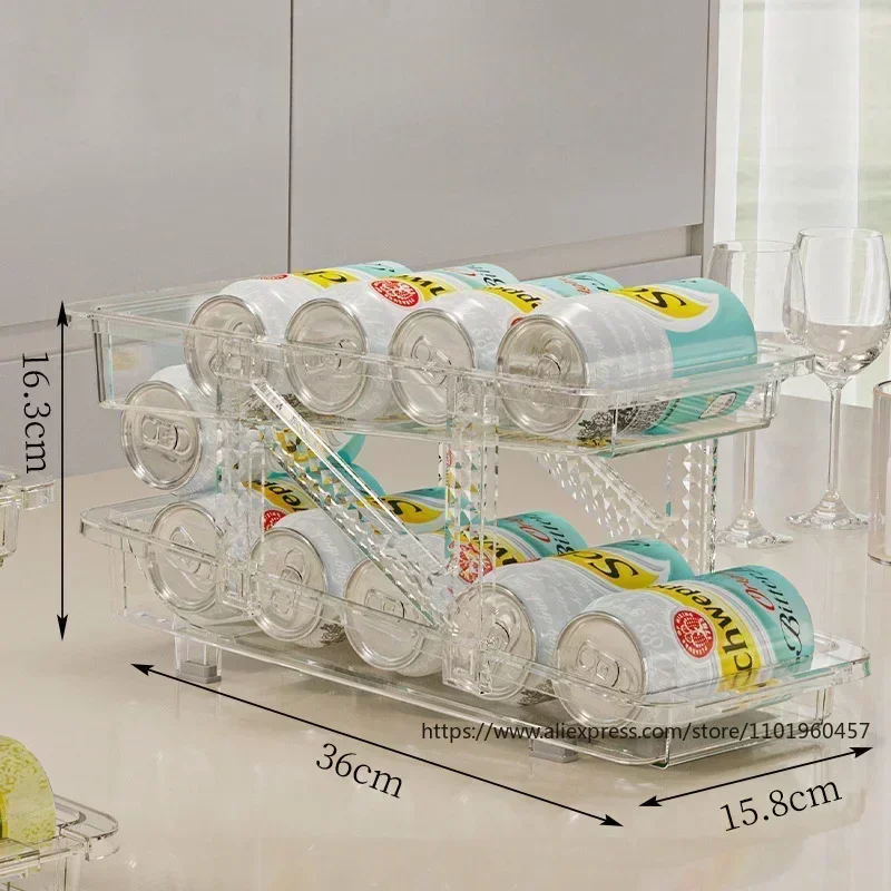 Boîte de rangement de boissons à 2 couches, canette de boissons, bouteille de soda, support de bocal de réfrigérateur, distributeur automatique de boissons roulantes, réfrigérateur de cuisine, évaluation