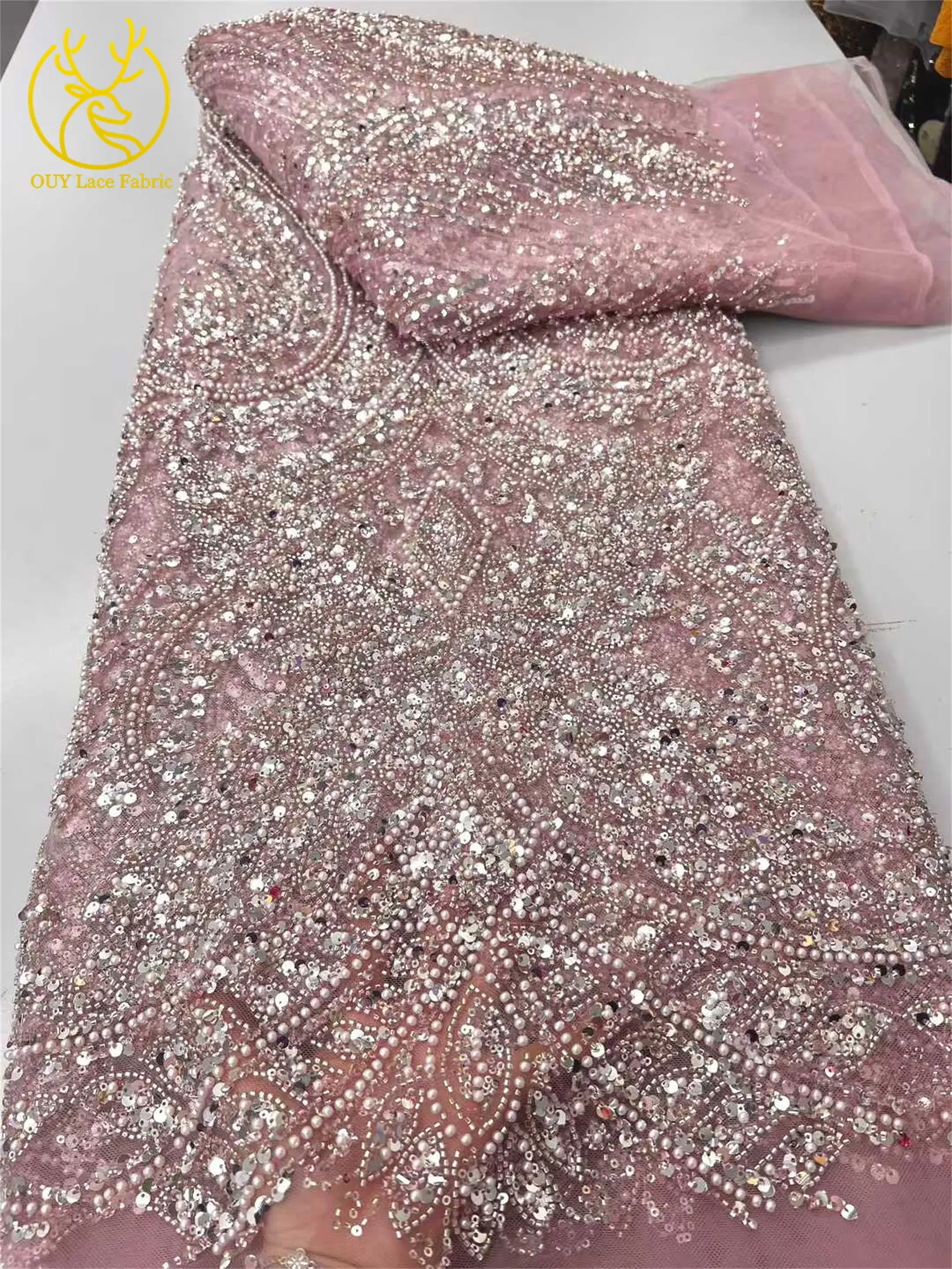 2026 Afrikanischer Spitzenstoff, hochwertiger Kaffeebrauner französischer Spitzenstoff mit Perlen und Pailletten, nigerianischer Braut-Mesh-Spitzenstoff, 5 Yards – Detail 13