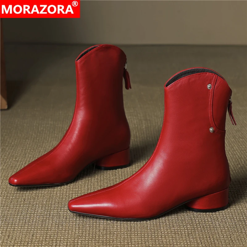

MORAZORA/Новые ботинки из натуральной кожи, женские ботинки на молнии, красные, черные, коричневые, на среднем каблуке, на молнии, осенне-зимние ботильоны, офисные модельные туфли