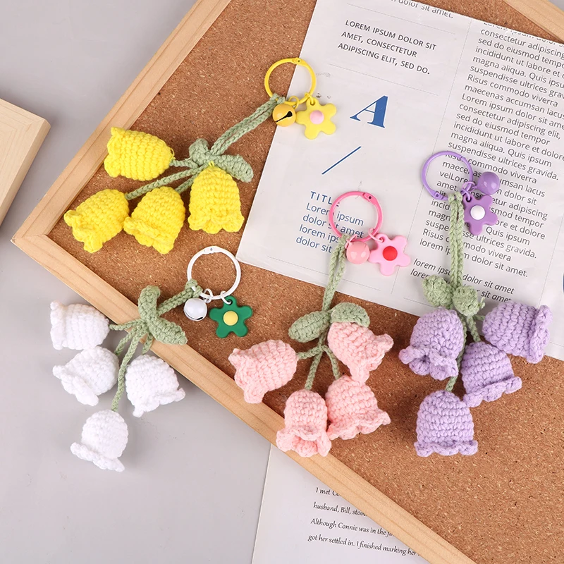 Knitted Bell Orchid Flowers Keychain With Bell Crochet Convallaria Majalis Keyring Bag Pendants Backpack Charms Car Decor Gift