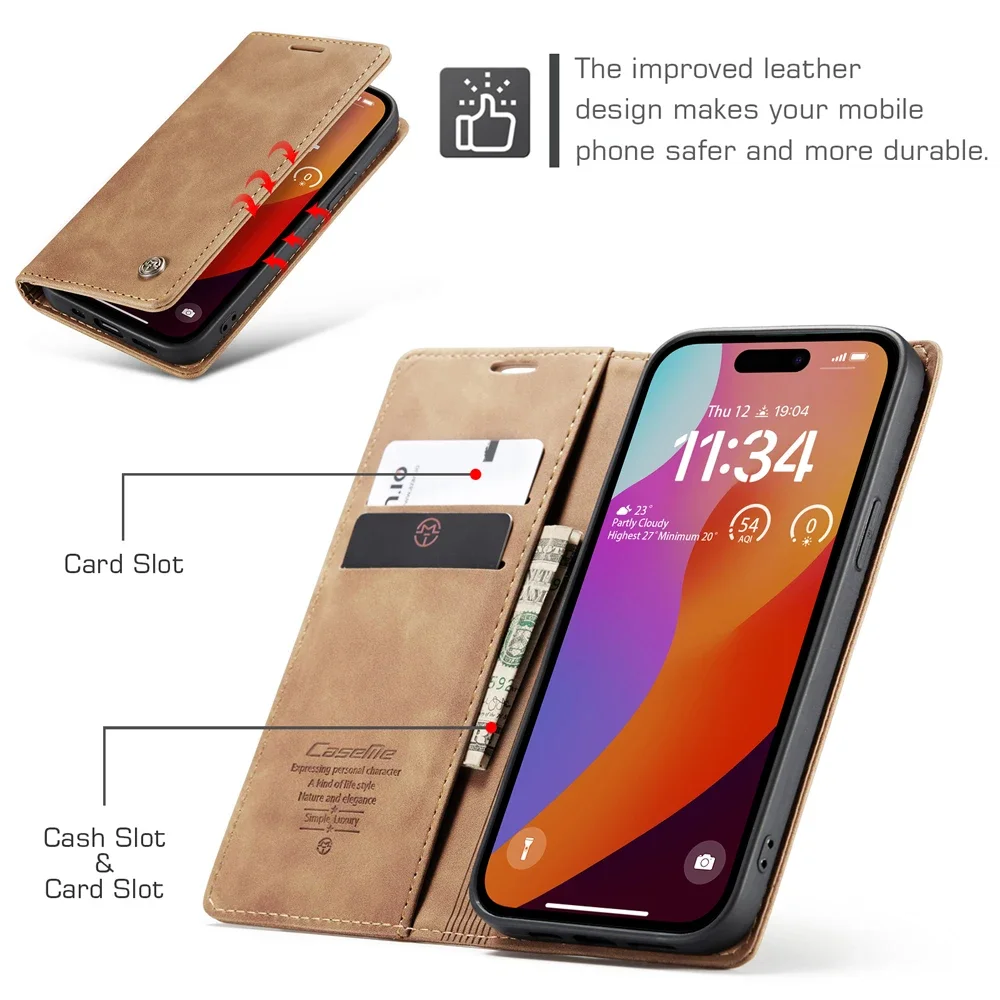 Mobile Phone Flip Case for iPhone 15 14 13 12 Pro Max Magnetic Retro Leather Wallet Card Slot Holder Protect Cover Coque