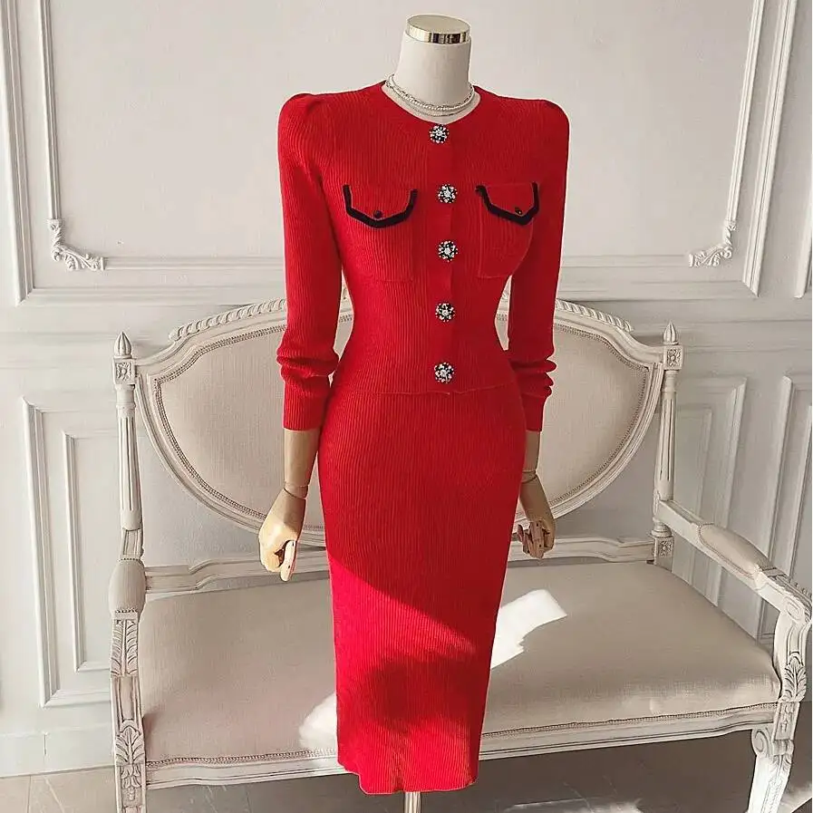 

French Vintage Two Piece Sets Women Long Sleeve Cardigan Top+high Waist Wrap Skirt Knitted Suits Female Elegant Office Suits
