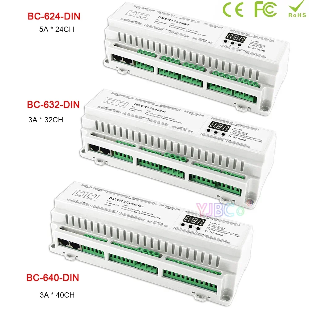 

DC 12V-24V 3A*24CH 32CH 40CH DIN Rail DMX Decoder CV PWM RJ45 8-bit,16-bit DMX512/1990 Single color CCT RGB RGBW LED Controller