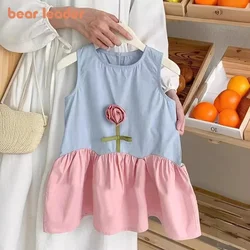 Bear Leader Summer Girls Casual Dress 3D Flower Decoration Color Blocked Sleeveless Dresses Sweet and Cute Children's Clothing