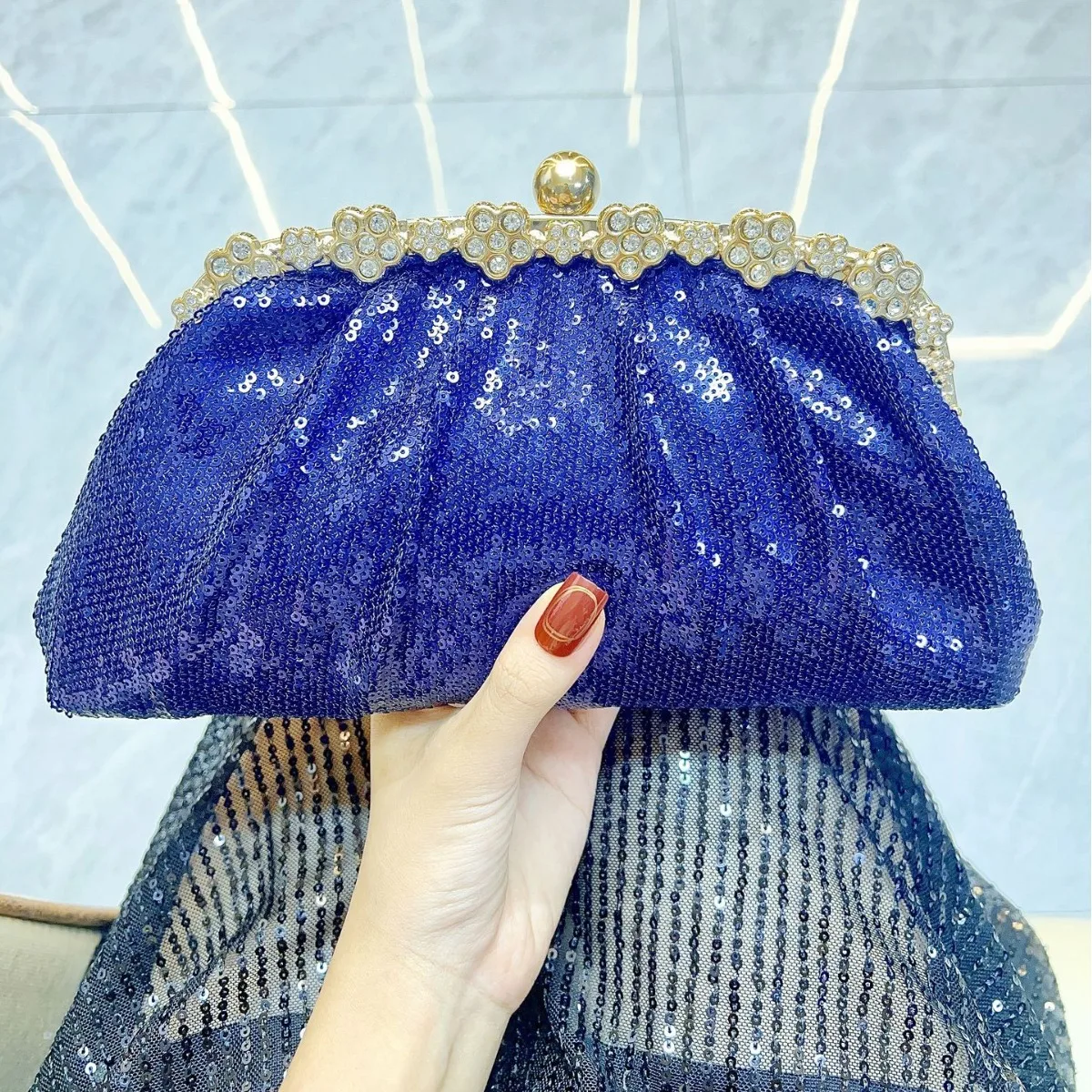 Retro Blue Black Silver Sequin Small Clutch Bridal Handbags Wedding Party Evening Bags For Women New Fashion Chain Shoulder Bag