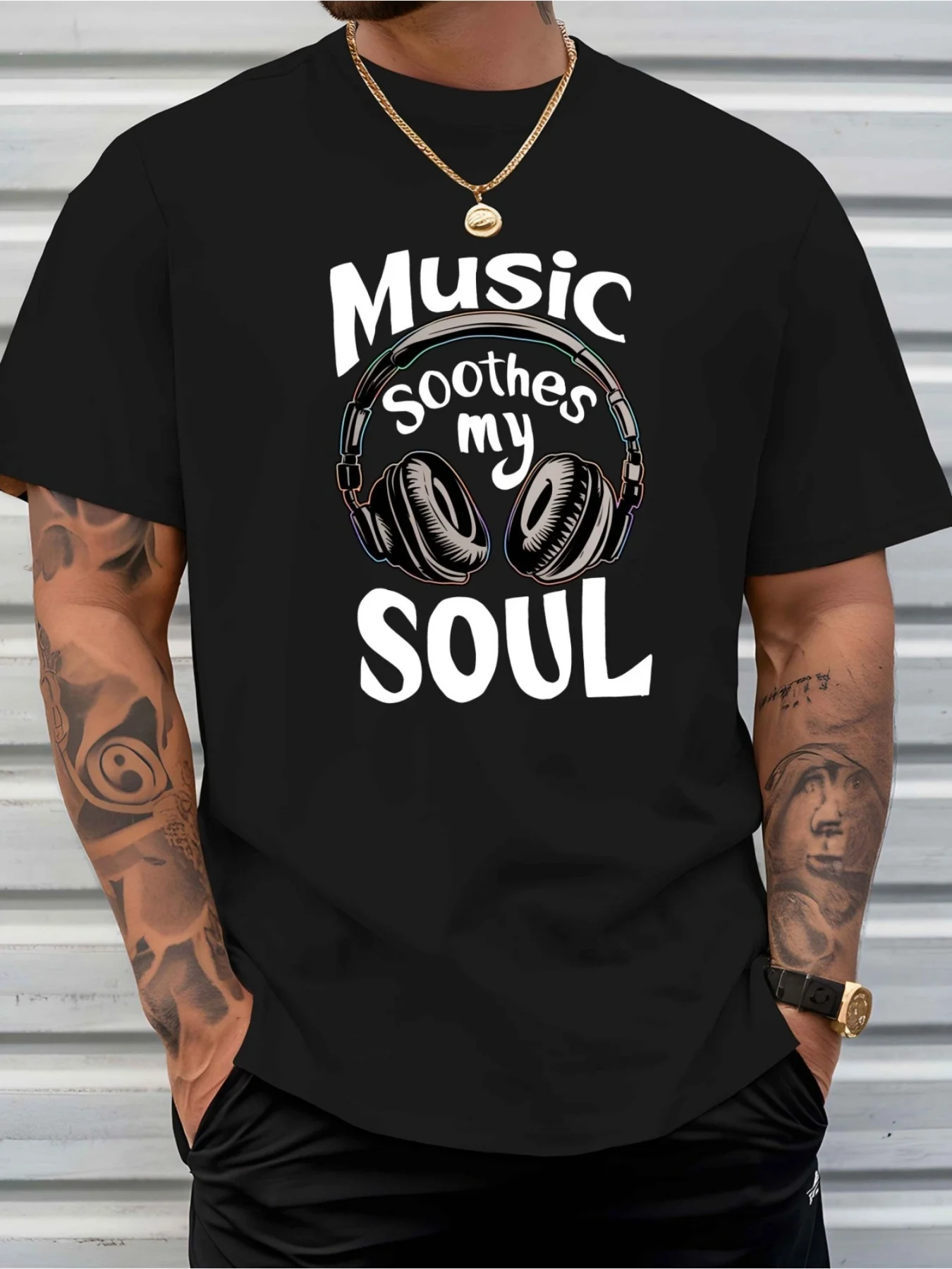S Music Soothes the Soul Headphones and Notes T-Shirt Bright Yellow Round Neck Breathable Lightweight Summer Style with Headphone Print Soft Casual Shirt Suitable for Musicians and Music Lovers (Ideal Comfortable Printed T-Shirt Suitable for All Seasons, Perfect for Daily Wear and Outdoor Activities, Plus Size)