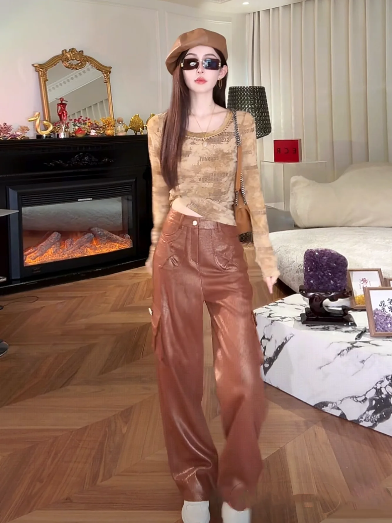 

Удобная модная футболка с круглым вырезом, облегающая, цвета кофе, эластичная, в стиле вестерн, для ранней осени, женская