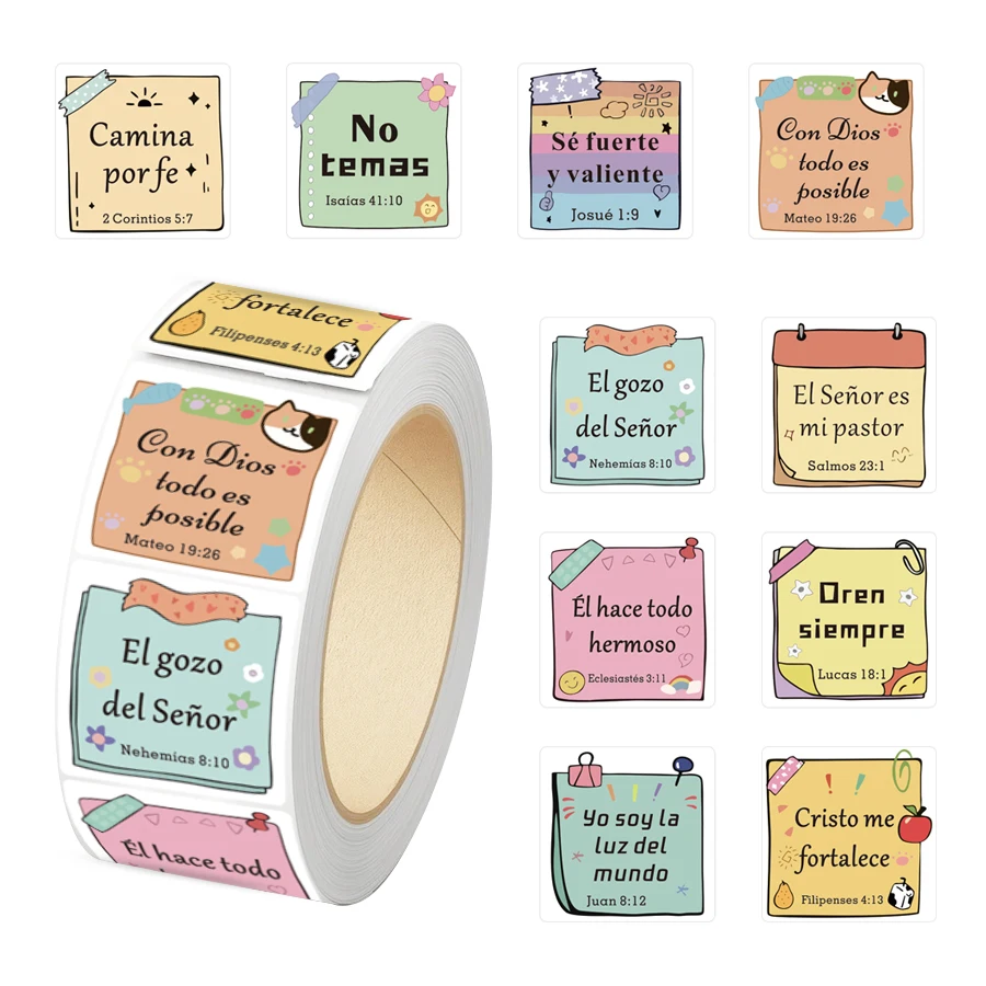 Rollo de 500 Pegatinas con Versículos Bíblicos en Español, Etiquetas Inspiradoras con Escrituras para Empaque, Envoltura de Regalos, Sellado de Sobres