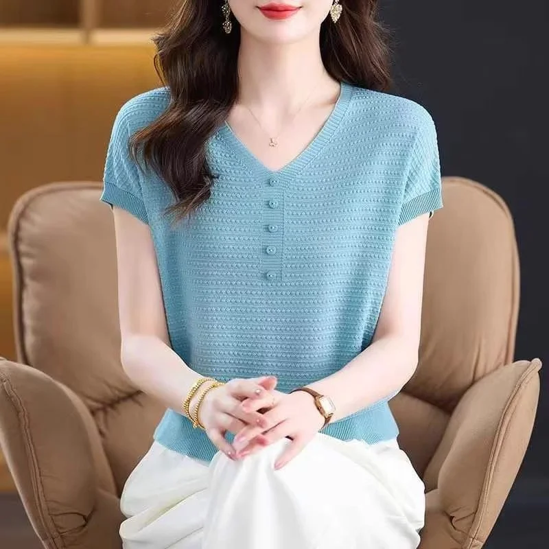 

V-Neck Ice Silk Knitted Short Sleeved T-Shirt For Women Summer 2025 Fashionable Loose Thin Style Large Size Versatile Top W387