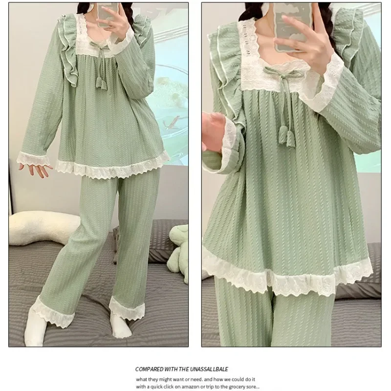 5XL Plus Size Korean Sleepwear Women Pajama Sets Solid Piiama Spring Sets 2 Pieces Cute Long Sleeve Night Wears Loose Home Suit