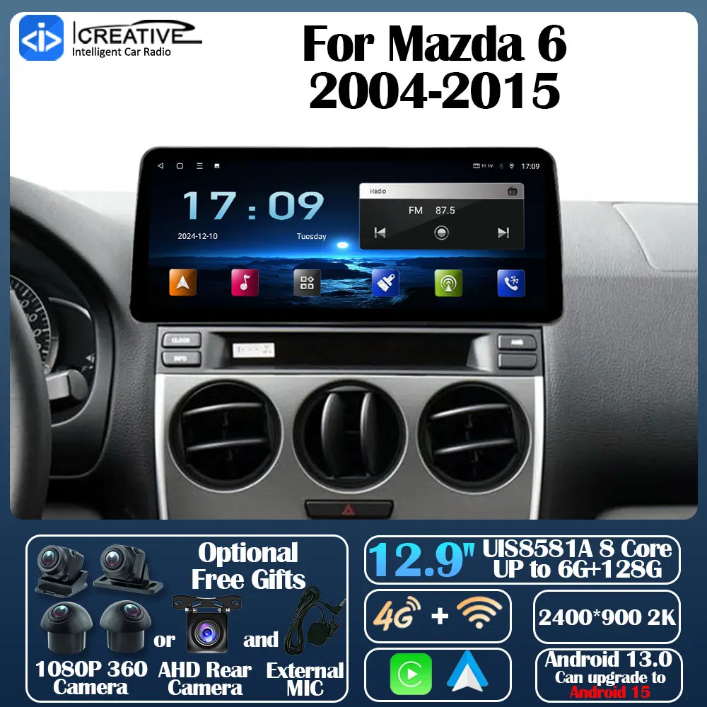 Android 13 Car Radio Carplay Auto For Mazda 6 2004-2015 Multimedia Stereo 360 Camera Navi GPS Video AI Voice 2din Intelligent 5G