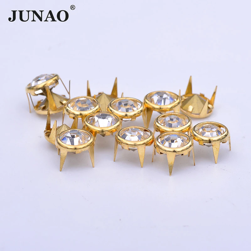 JUNAO Top Quality 50Pcs 10mm Gold Claw Rhinestone Rivet Decoration Metal Studs Diamond Spikes For Leather Clothes DIY Crafts