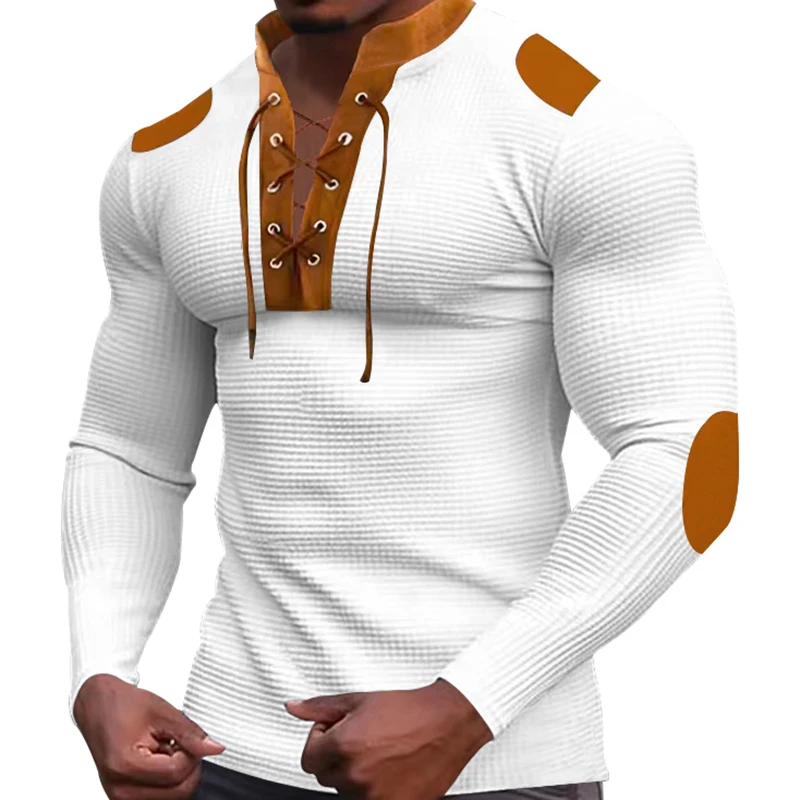 Cross-border New Men\'s Waffle Color Matching Strap V-neck Top Casual Long-sleeved Bottoming T-shirt Casual Sports Hoodie