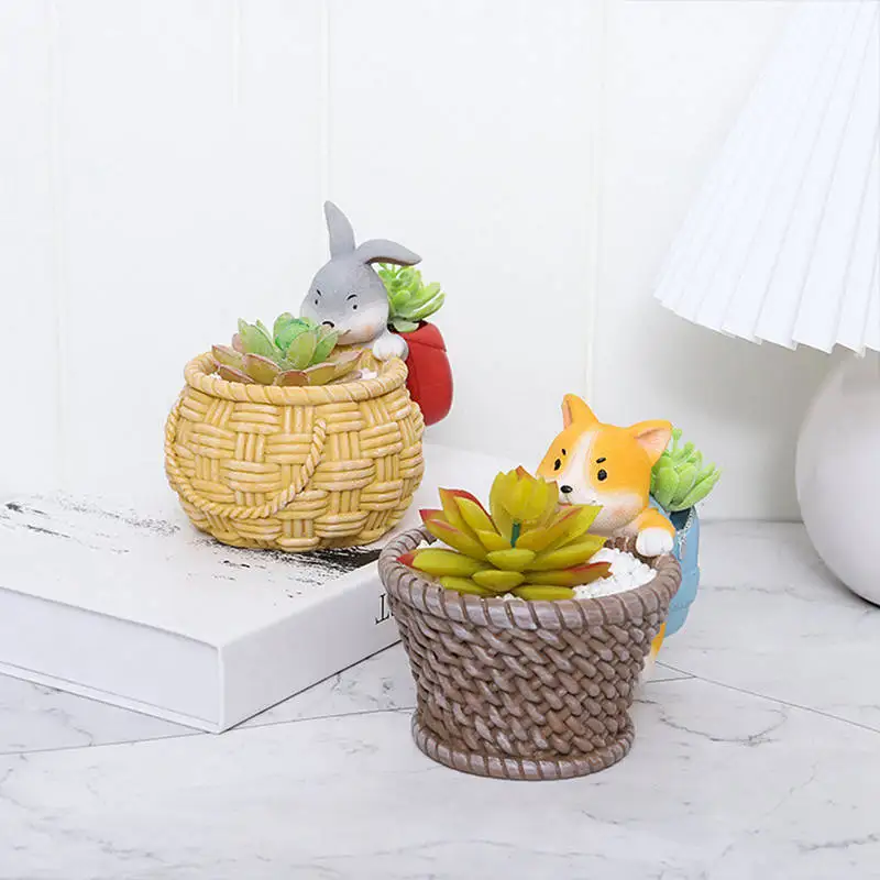 Cartoon Animal Resin Flower Pot Hand-painted Pen Holder Cute Bunny Puppy Succulent Planter Home Tabletop Decor Storage Ornaments