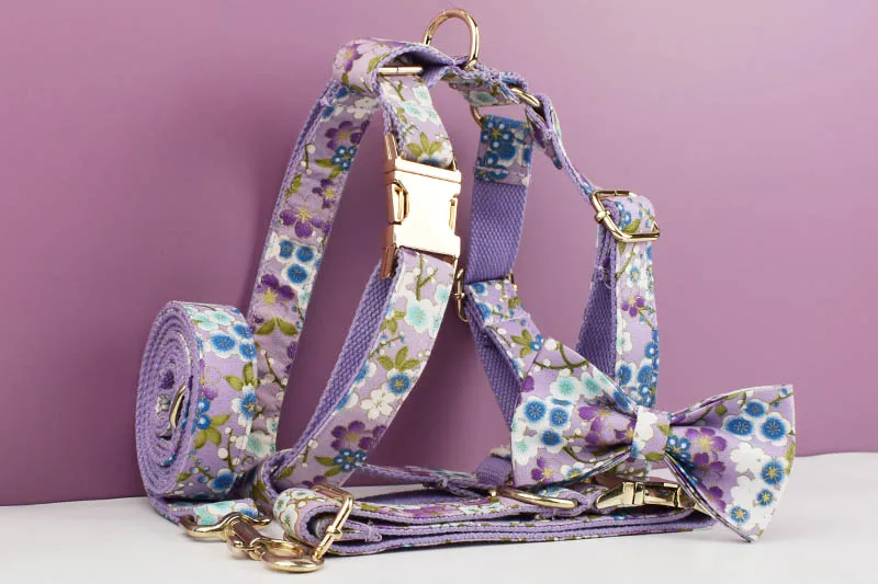 Adjustable Dog Harness Printed Purple Soft Cotton Personalized Dog Collar Leashes Harness Bow Set Dog Accessories Flowers 03