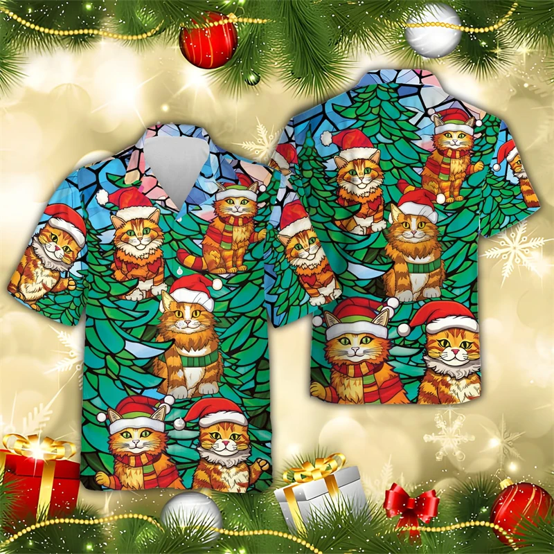 Kawaii Cat Xmas Hawaiian Shirts For Men Clothes Happy Christmas Beach Shirt Cute Pet Unisex Lapel Blouse Women Short Sleeve Tops