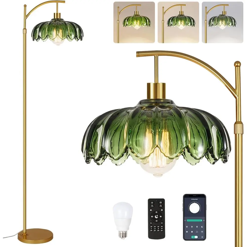 

Dimmable Vintage Gold Floor Lamp with Glass Shade, Remote Control for Living Room or Bedroom