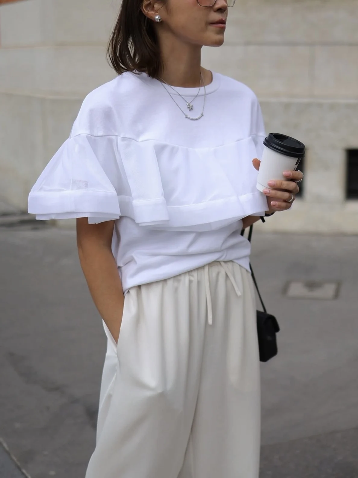 Ayako Gyp Tulle Tee Spliced  Sleeve T-Shirt Women's Casual Cotton Short Sleeve round Neck Moisture Wicking T-Shirt