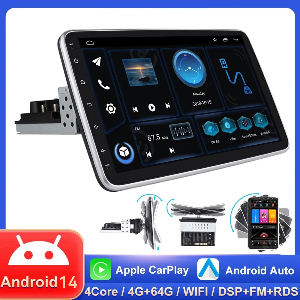 Single 1 DIN Rotable 10.1 inch Android 14 Car Radio MP3 multimedia Player GPS Navigation Wireless Carplay Auto video player