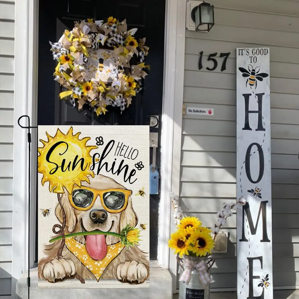 Summer Garden Flag Dog Sunshine 12x18 Inch Double Sided Small Burlap Holiday Golden Retriever Flag for Outside Yard