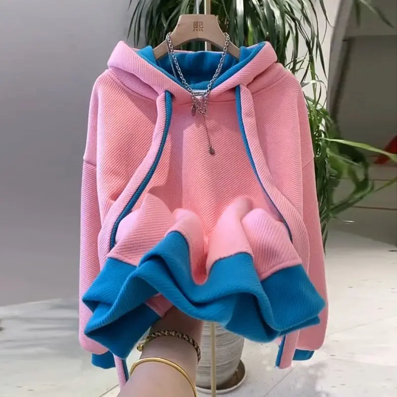 Loose Baggy Warm Women\'s Hooded Sweatshirts Blue Female Top Thick Hoodies Cold Autumn and Winter Contrasting Colors 90s Vintage