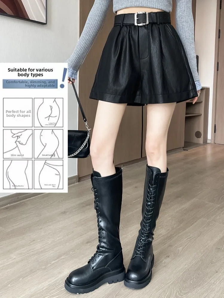 Retro Brown PU Leather A-Line Wide Leg ort Pants Women's Casual Autumn Winter New Sle Versatile Bootcut Pants Ci Walk