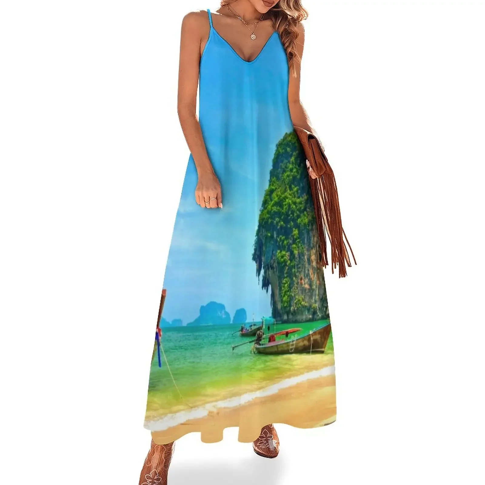 

Longtail Boats at Railay Beach Sleeveless Dress women's summer clothing 2025 beach dresses